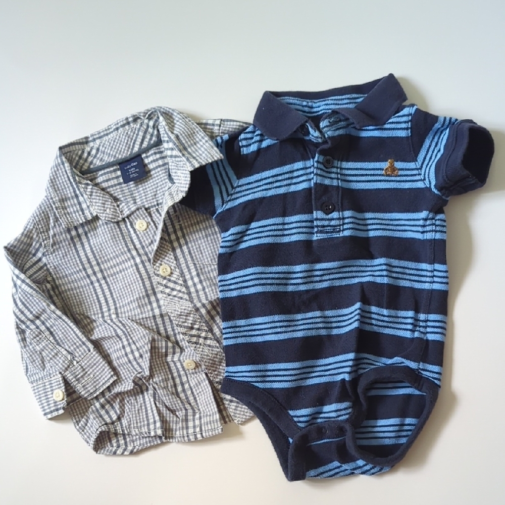 Blue Striped Polo Onesie and Plaid Shirt Set